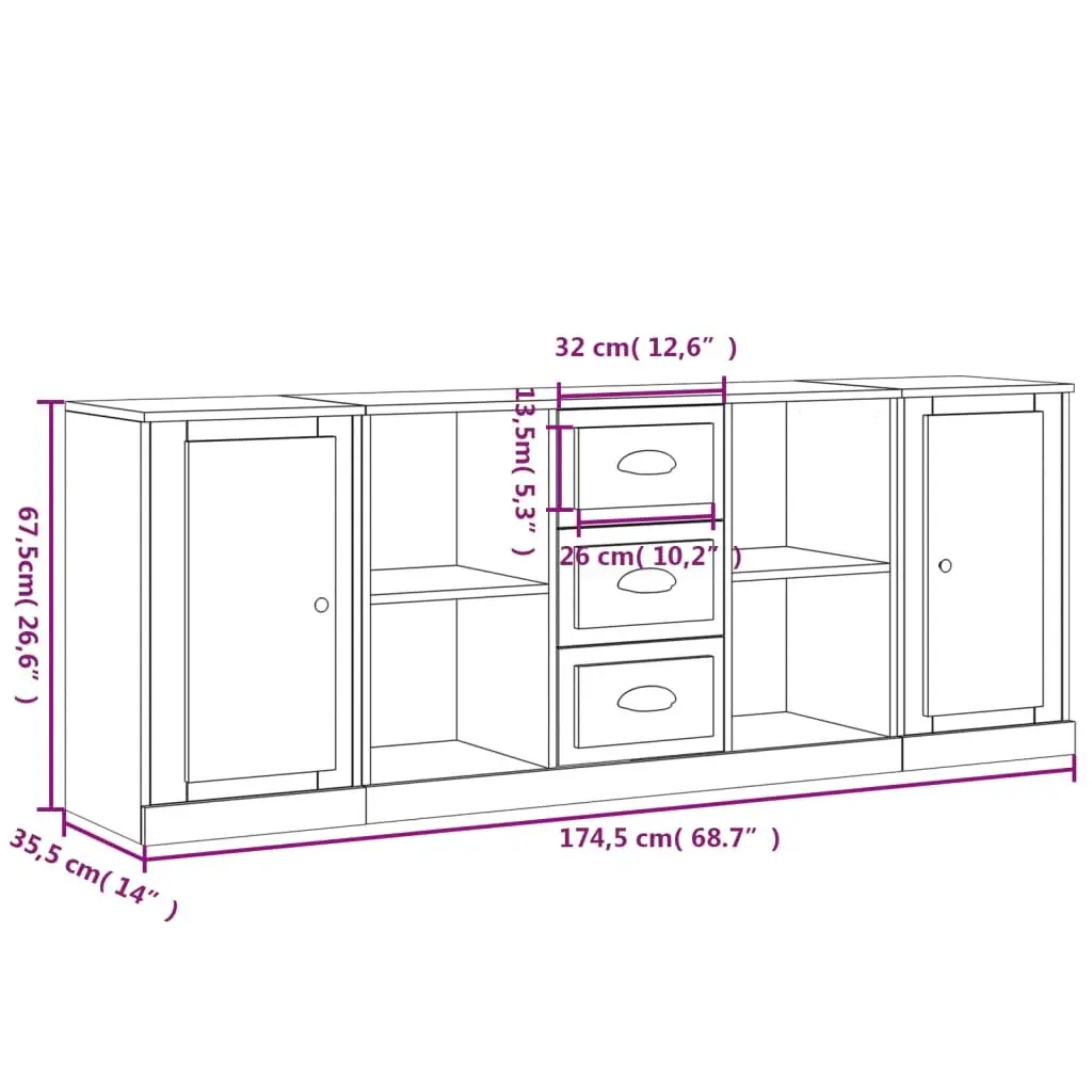 3 Piece Sideboards White Engineered Wood Storage Cabinet Set Ample Storage