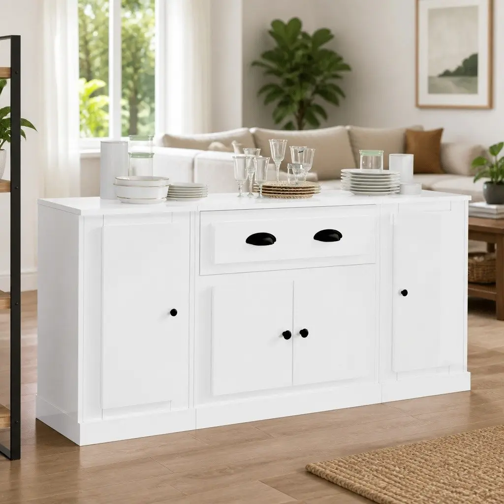 Set of 3 White Sideboards High Gloss Storage Cabinets Buffet Display Furniture