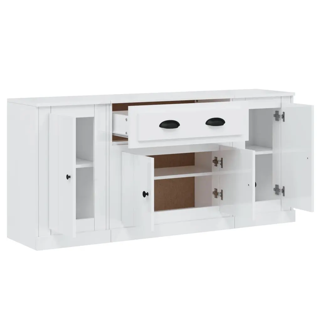 Set of 3 White Sideboards High Gloss Storage Cabinets Buffet Display Furniture