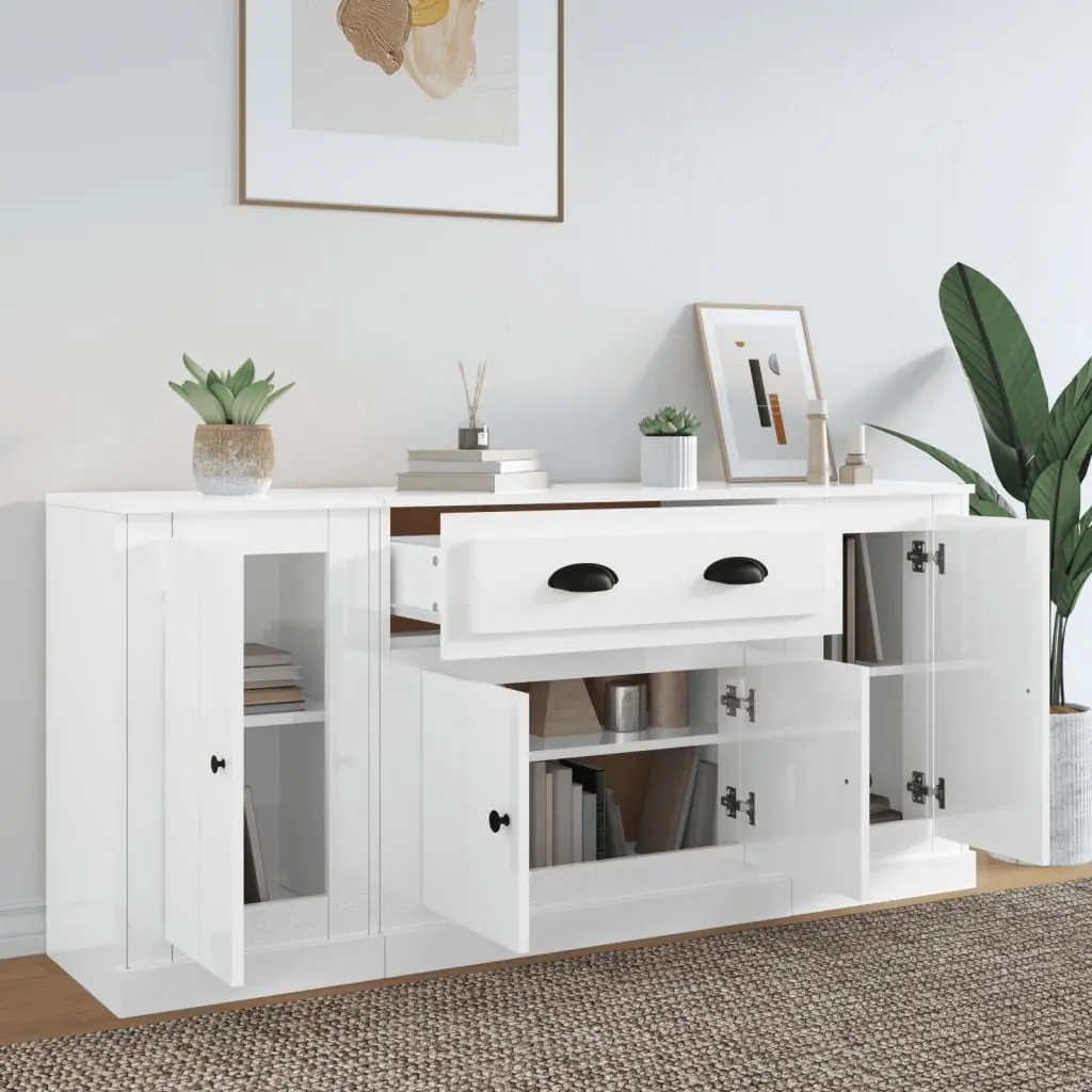 Set of 3 White Sideboards High Gloss Storage Cabinets Buffet Display Furniture