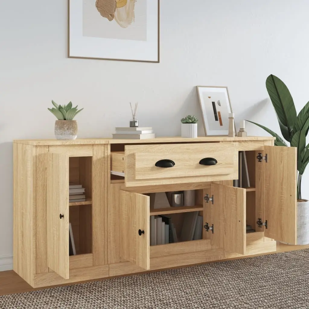Sideboards Brown 3 Piece Engineered Wood Storage Cabinet Buffet Display Unit