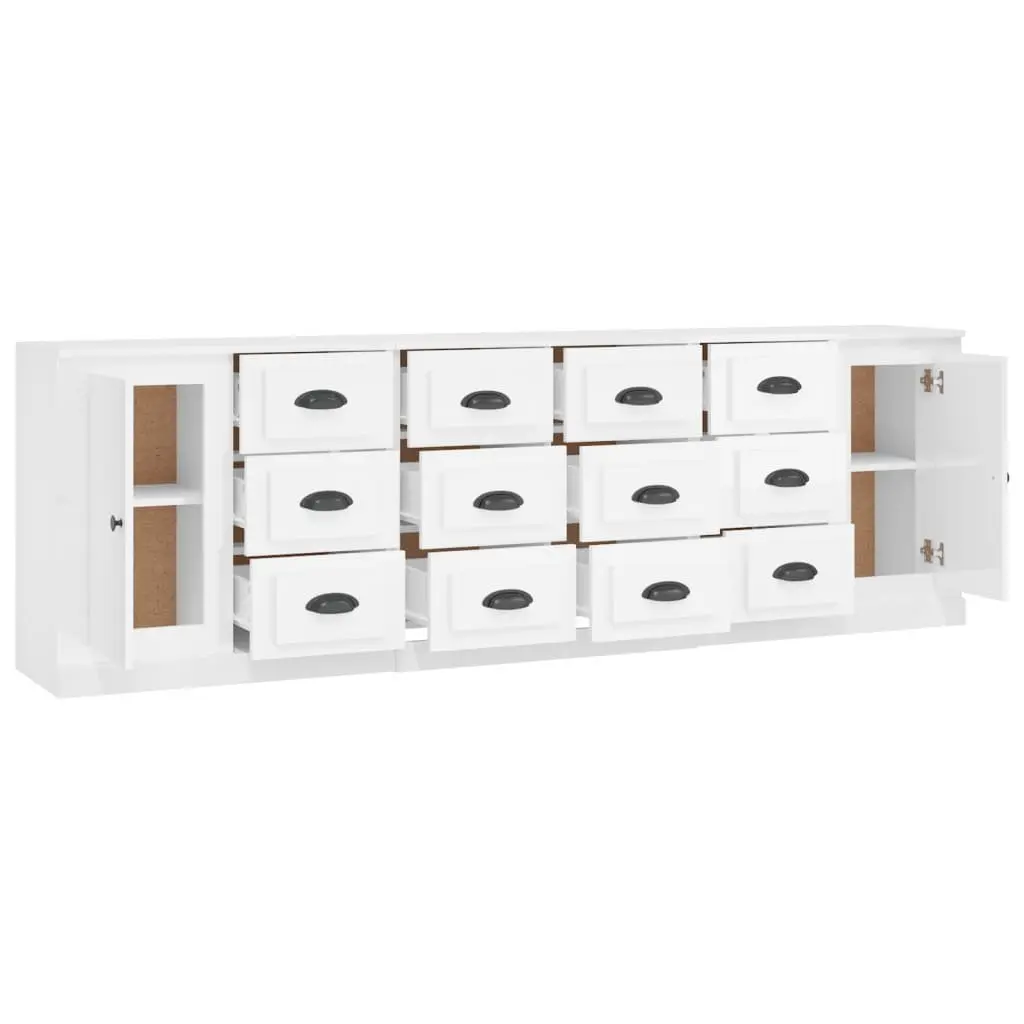 Sideboard Cabinet White 3 Piece High Gloss Engineered Wood Storage Buffet