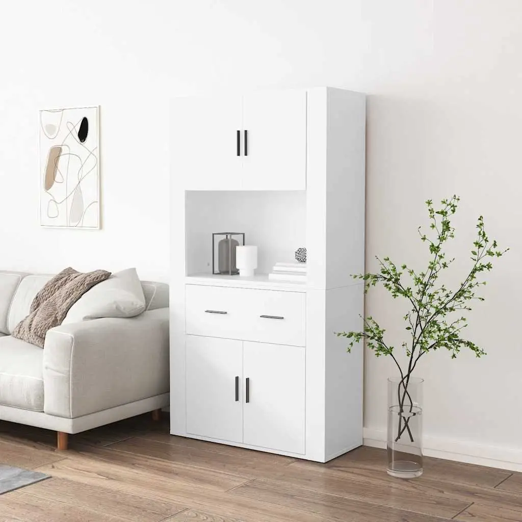 Wall-Mounted Highboard Storage Cabinet White Engineered Wood Space-Saving Furniture