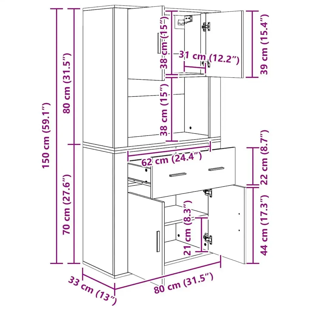 Wall-Mounted Highboard Storage Cabinet White Engineered Wood Space-Saving Furniture