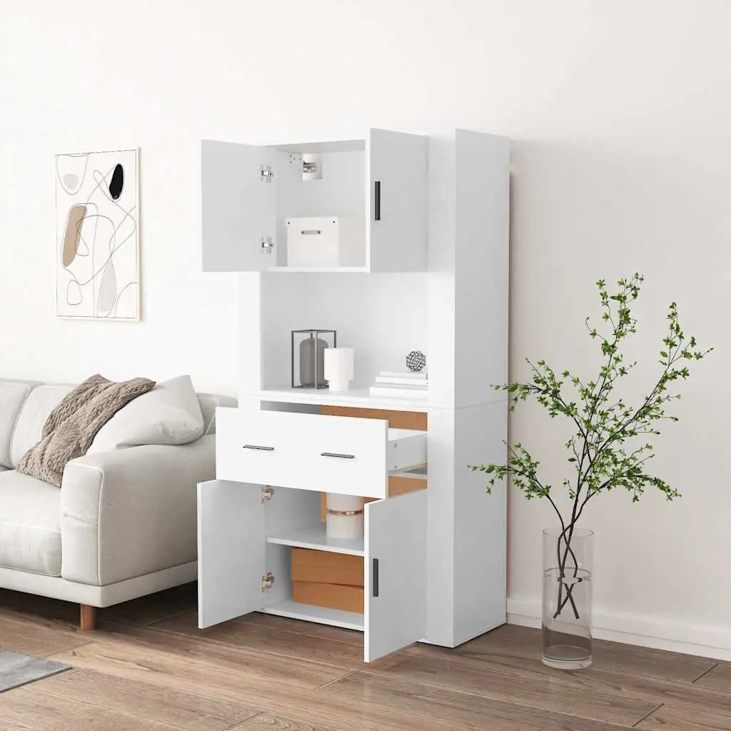 Wall-Mounted Highboard Storage Cabinet White Engineered Wood Space-Saving Furniture