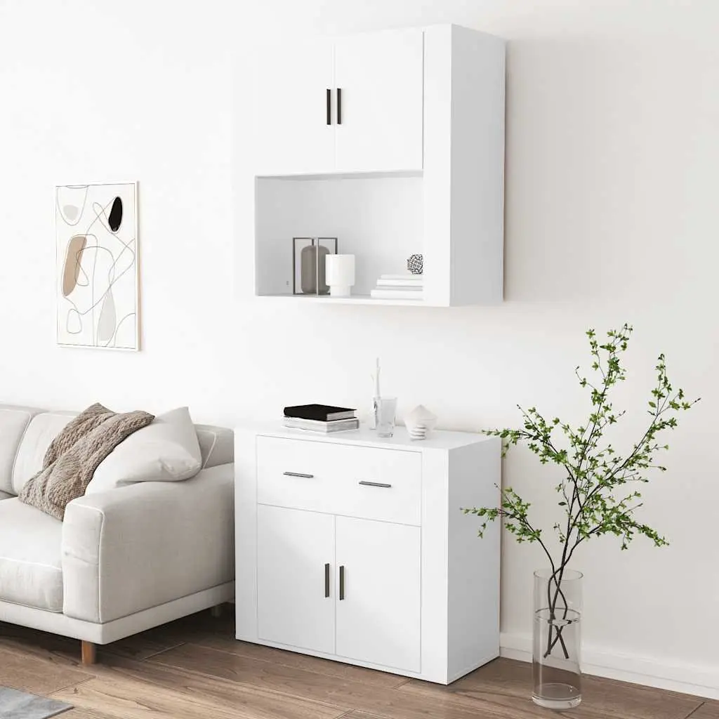 Wall-Mounted Highboard Storage Cabinet White Engineered Wood Space-Saving Furniture