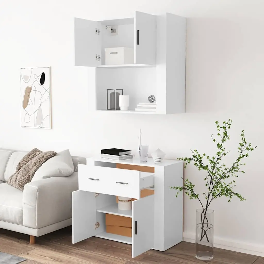 Wall-Mounted Highboard Storage Cabinet White Engineered Wood Space-Saving Furniture