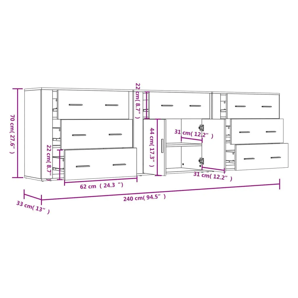 Sideboards White 3 Piece Storage Cabinet Engineered Wood Buffet Display Unit