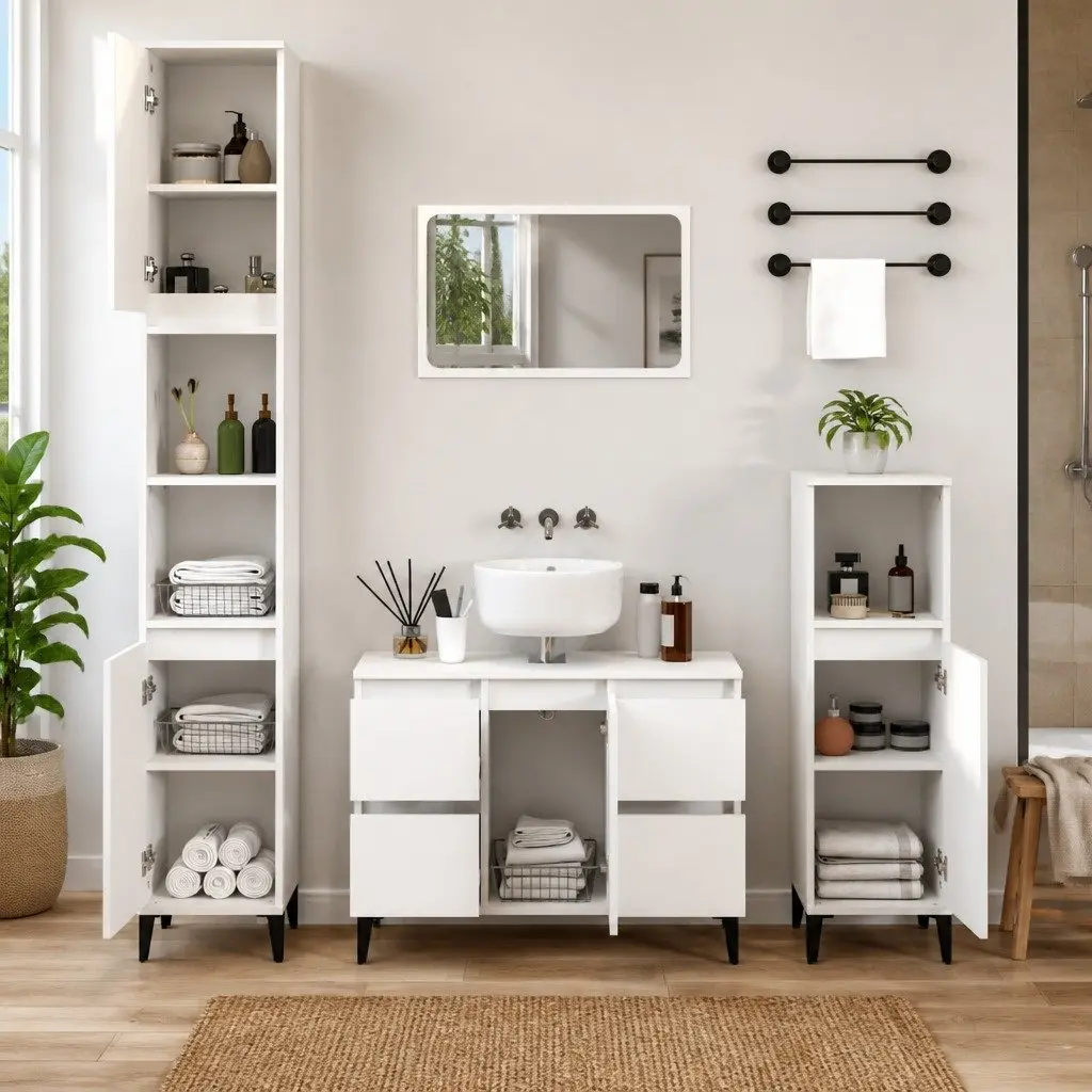 3 Piece Bathroom Furniture Set White Engineered Wood Storage Cabinet Vanity Unit