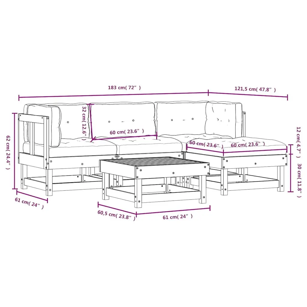 Garden Lounge Set 5 Piece Outdoor Furniture with Cushions White Wood Patio Sofa