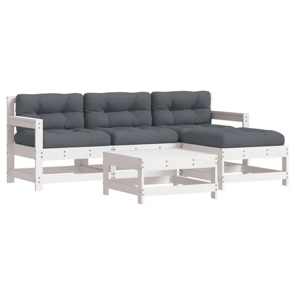 Garden Lounge Set 5 Piece Outdoor Furniture White Slatted Design Cushions Patio