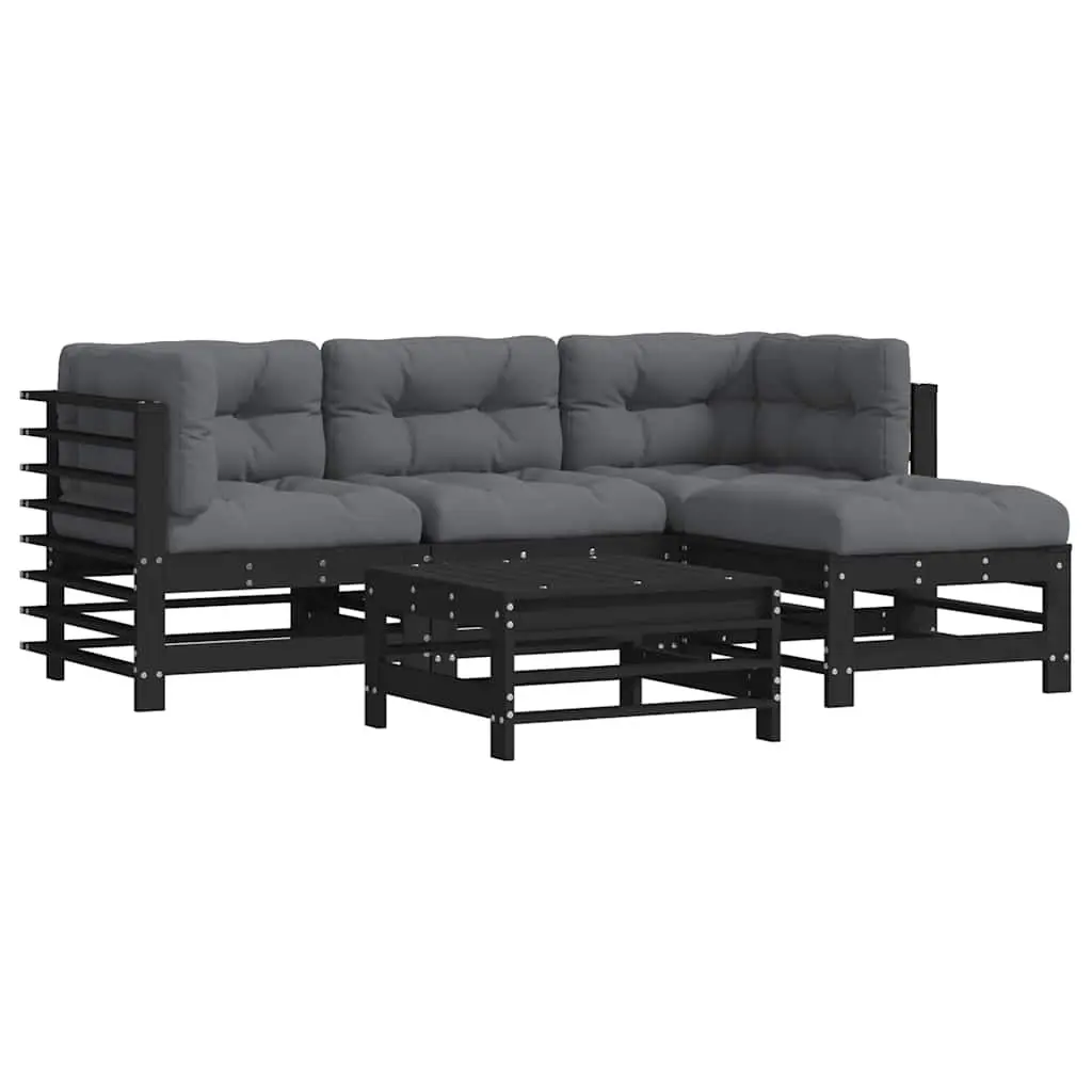 Wooden Garden Lounge Set Black 5 Piece Outdoor Furniture with Cushions