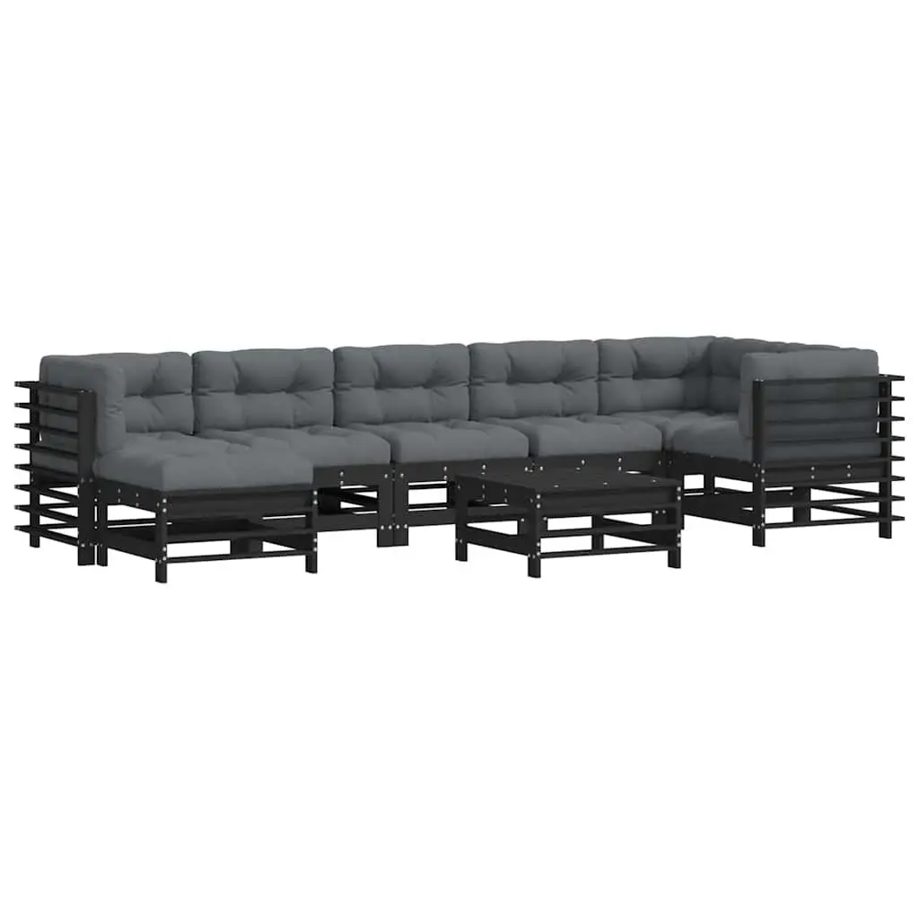 Garden Lounge Set Black 8 Piece Solid Wood Outdoor Furniture with Cushions