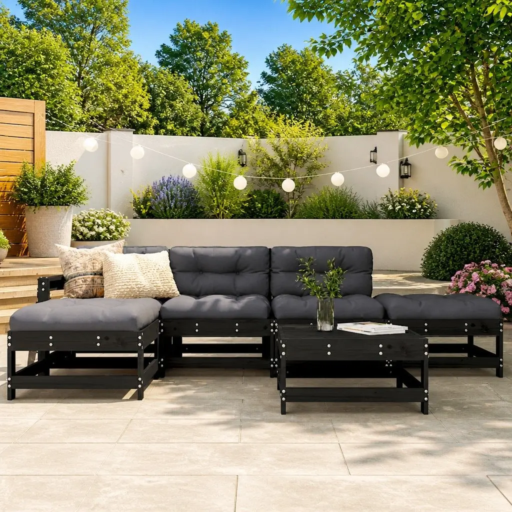 Outdoor Lounge Set Black 6 Piece Modular Pine Wood Furniture with Cushions