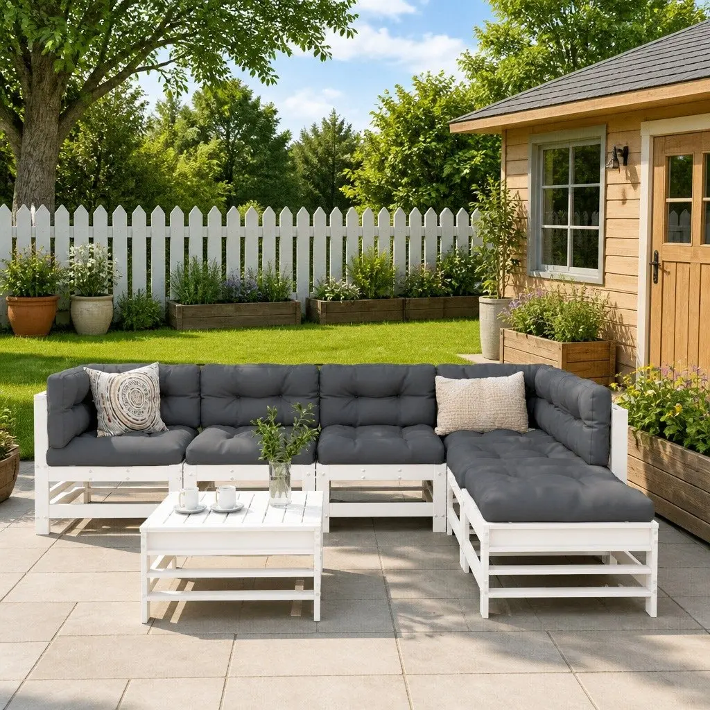 7 Piece Garden Lounge Set with Cushions Outdoor Patio Furniture White Wooden