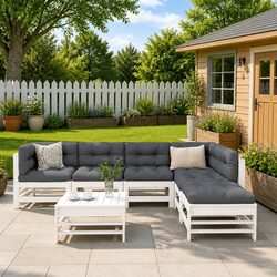 7 Piece Garden Lounge Set with Cushions Outdoor Patio Furniture White Wooden