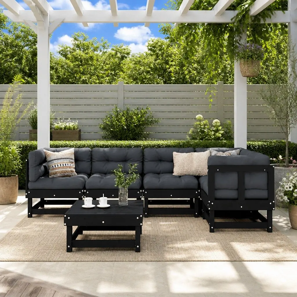 Garden Lounge Set 6 Piece Outdoor Furniture Solid Wood Cushions Black Patio