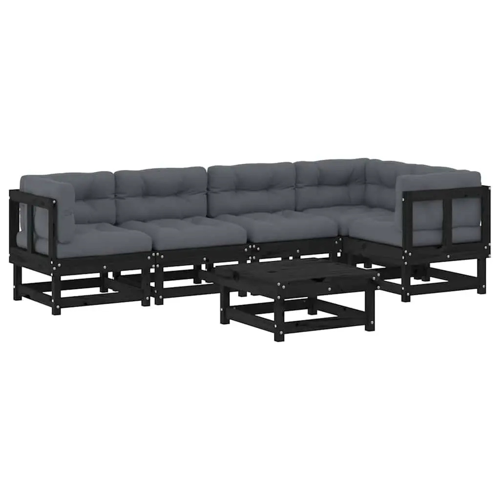 Garden Lounge Set 6 Piece Outdoor Furniture Solid Wood Cushions Black Patio
