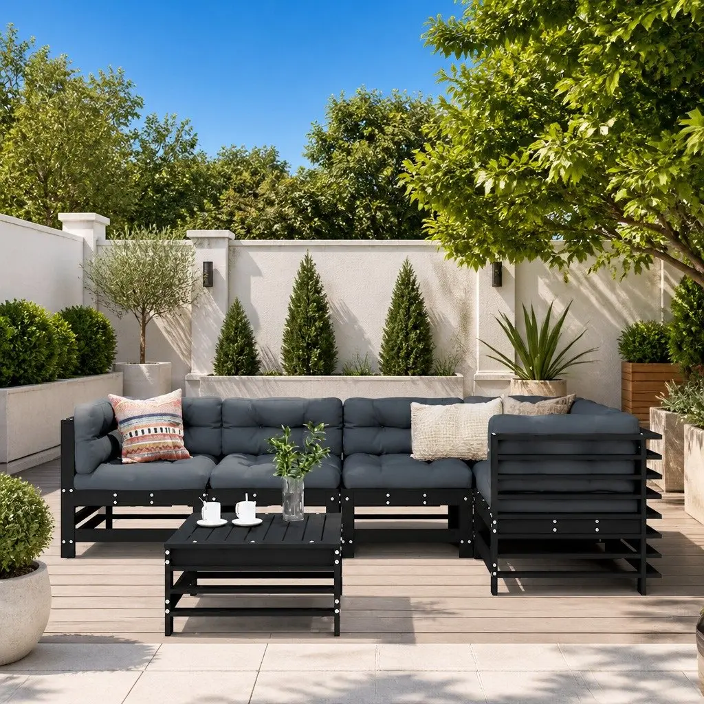 Garden Lounge Set Black 6 Piece Outdoor Furniture Patio Sectional Sofa with Cushions