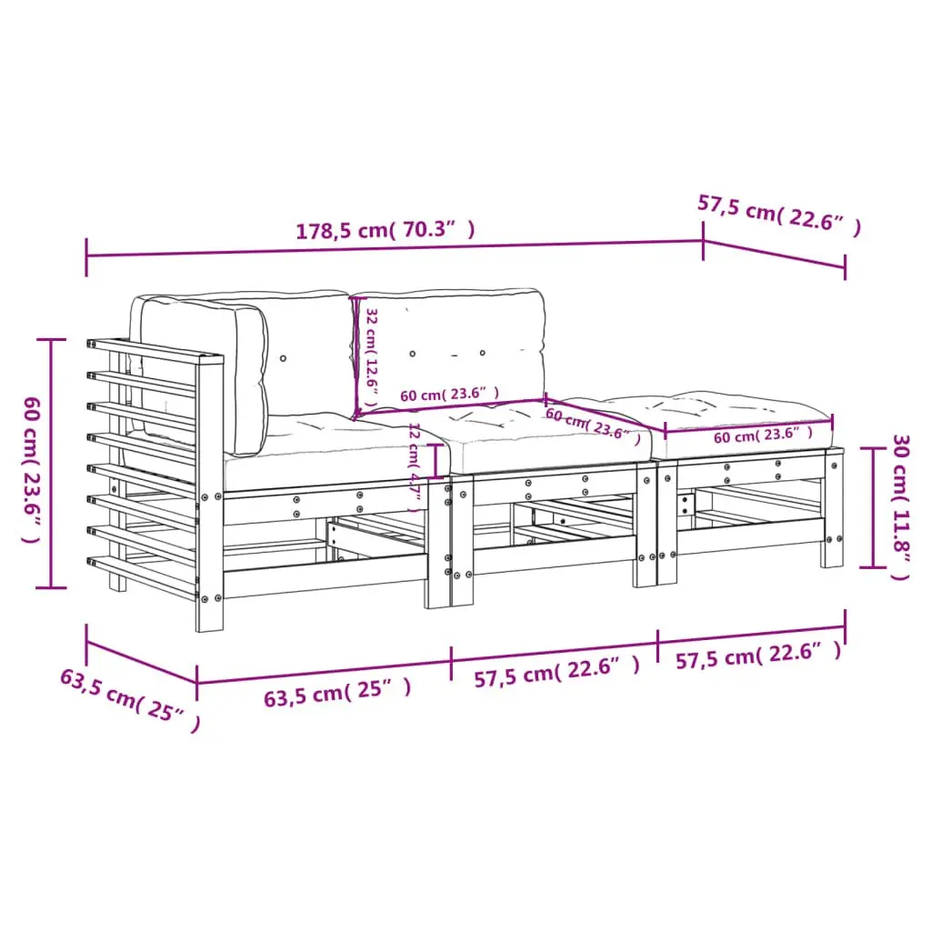3 Piece Garden Lounge Set White Wooden Outdoor Furniture Patio Sofa with