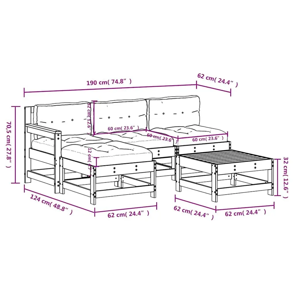 Garden Lounge Set 5 Piece Outdoor Furniture Black Wood Modular Patio Sofa with