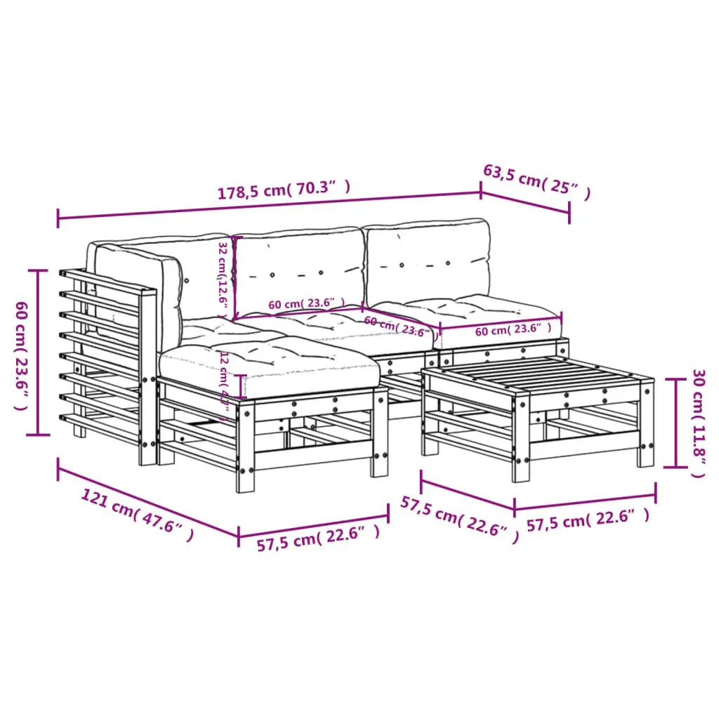 Garden Lounge Set White 5 Piece Slatted Wood Cushions Outdoor Furniture
