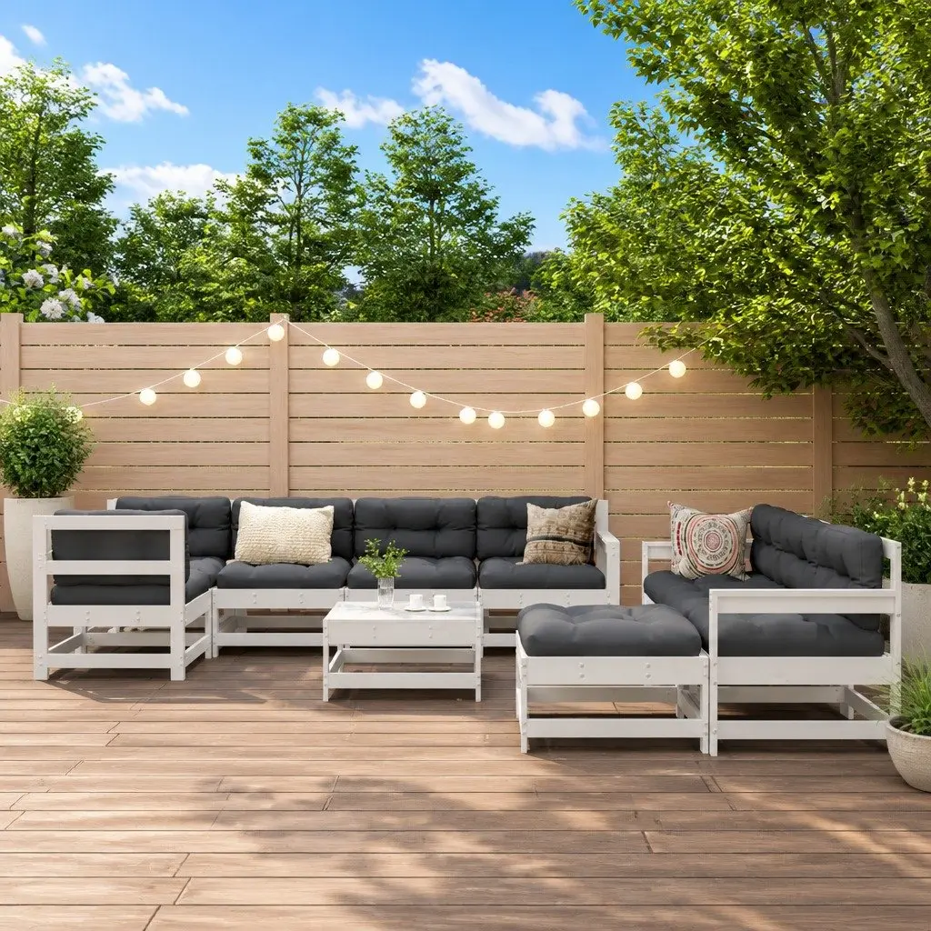 Garden Lounge Set 10 Piece Outdoor Furniture White Wood Slatted Patio Sofa