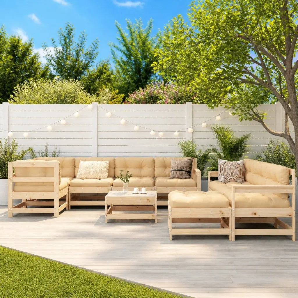 Garden Lounge Set 10 Piece Outdoor Furniture Solid Wood with Cushions Brown
