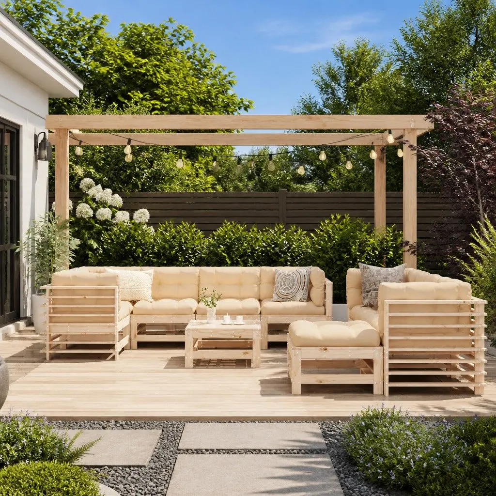 Garden Lounge Set 10 Piece Outdoor Furniture with Cushions Solid Wood Patio