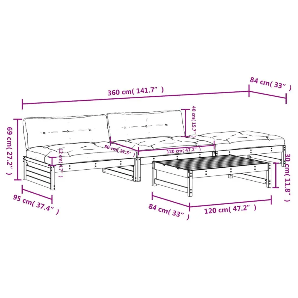 Garden Lounge Set Brown 4 Piece Solid Wood Modular Sofa with Cushions