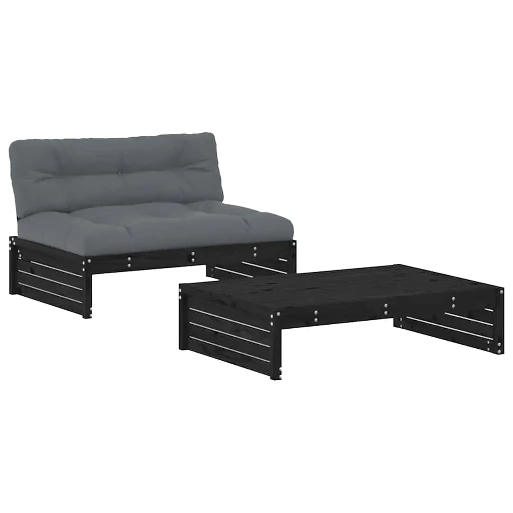 Garden Lounge Set 2 Piece with Cushions Black Wood Outdoor Patio Furniture