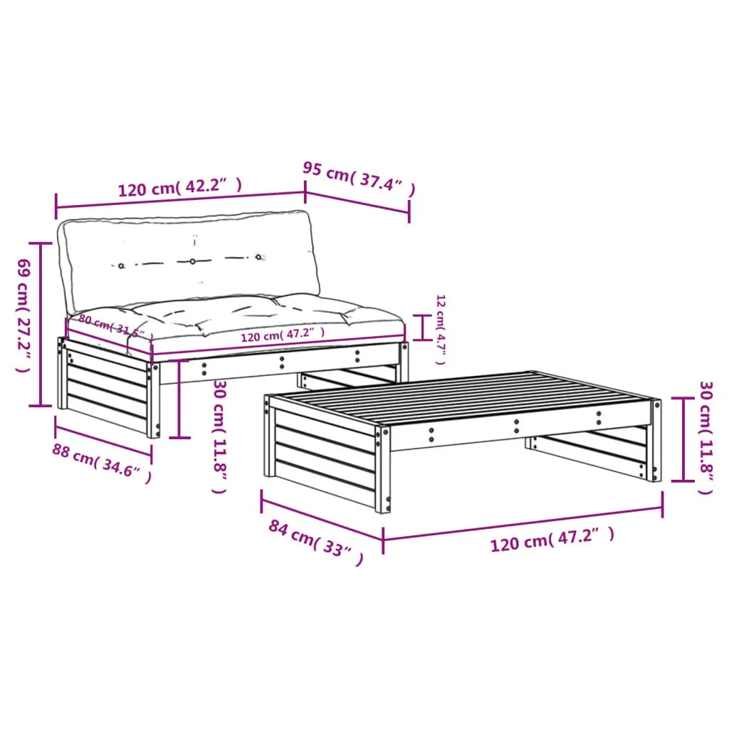 Garden Lounge Set 2 Piece Outdoor Furniture with Cushions Wooden Slatted Design