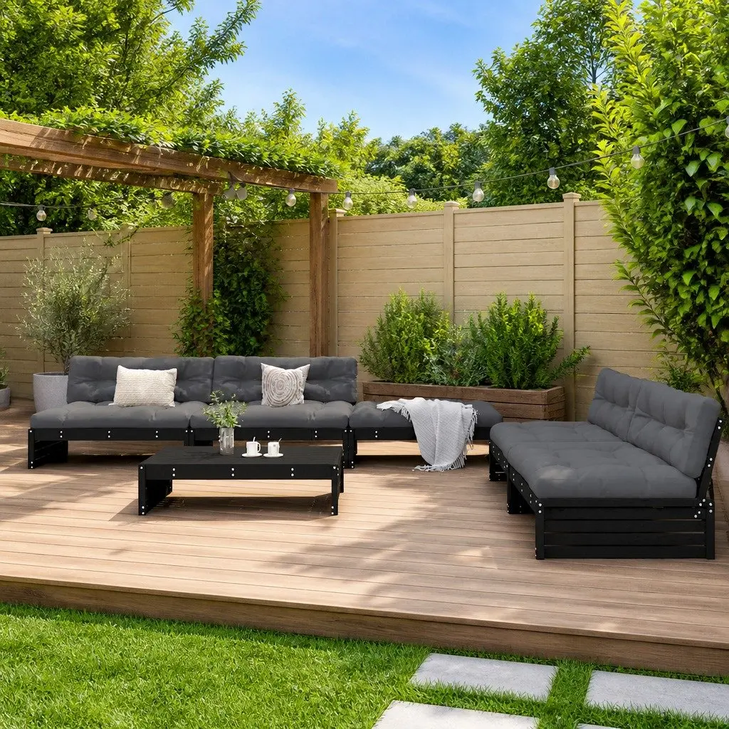 Garden Lounge Set Black 6 Piece Outdoor Furniture with Cushions Solid Pine Wood