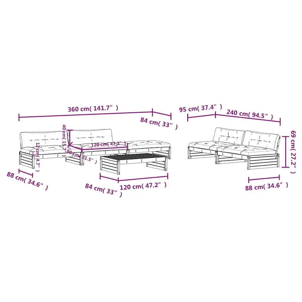 Garden Lounge Set Black 6 Piece Outdoor Furniture with Cushions Solid Pine Wood