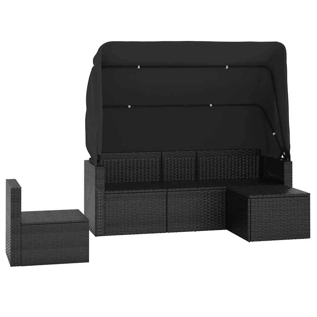 4 Piece Garden Sofa Set Black PE Rattan Cushions Adjustable Foldable Roof