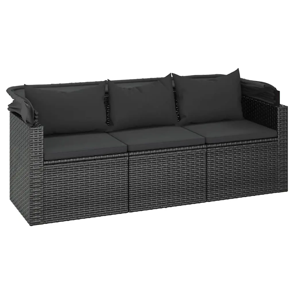 4 Piece Garden Sofa Set Black PE Rattan Cushions Adjustable Foldable Roof