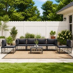 7 Piece Garden Lounge Set Outdoor Sofa with Cushions Anthracite Poly Rattan