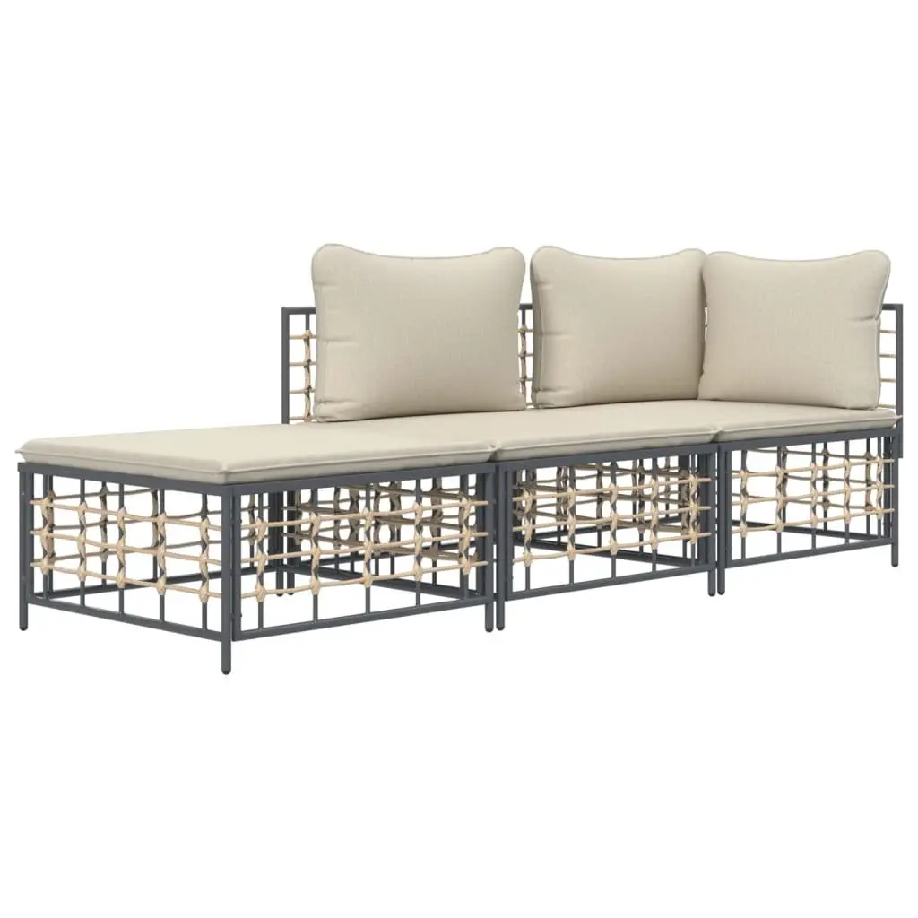 Outdoor Garden Lounge Set Anthracite 3 Piece Modular Poly Rattan Sofa with Cushions