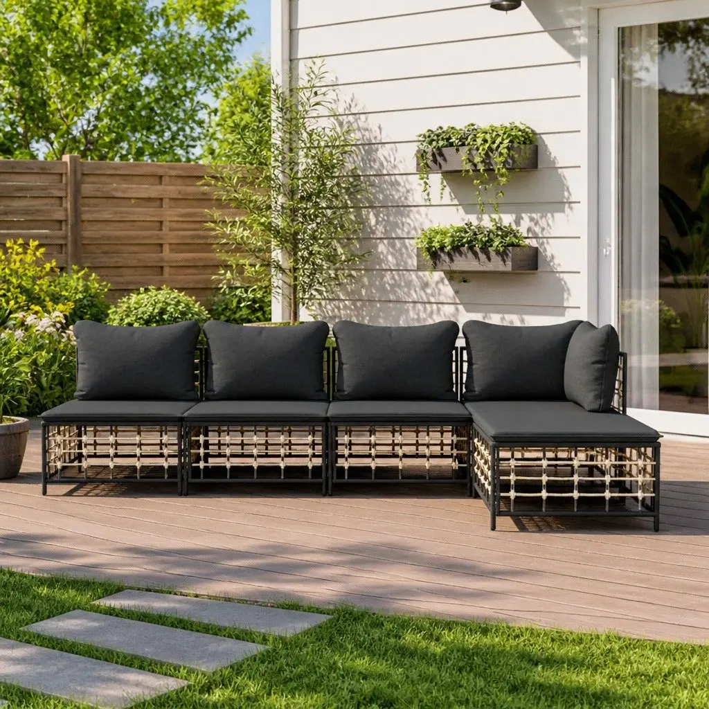 5 Piece Modular Lounge Set Anthracite Poly Rattan Outdoor Seating with Cushions