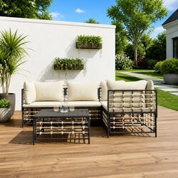 Outdoor Lounge Set 5 Pieces Garden Furniture Poly Rattan Sofa with Cushions