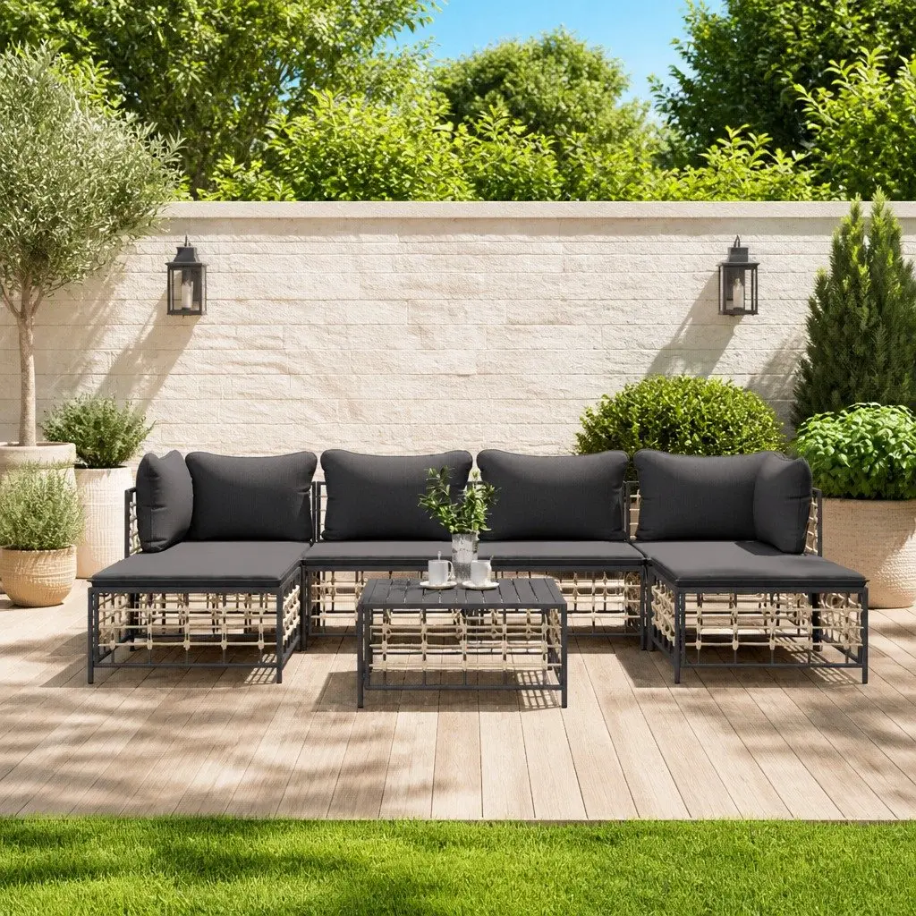 7 Piece Garden Lounge Set Anthracite Poly Rattan with Cushions