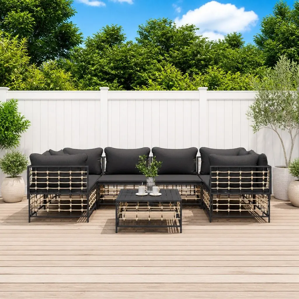 7 Piece Garden Lounge Set Anthracite Poly Rattan Outdoor Sofa with Cushions