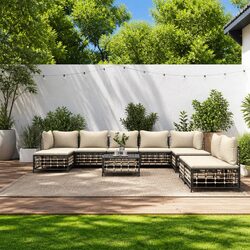 Outdoor Garden Lounge Set 10 Piece Poly Rattan Sectional Sofa with Cushions