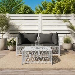 3 Piece Garden Lounge Set White Steel Frame Outdoor Furniture Cushions Patio