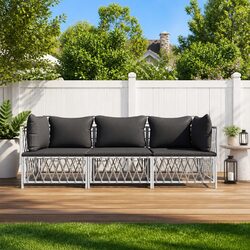 Garden Lounge Set 3 Piece Outdoor Sofa Furniture White Steel Frame with Cushions