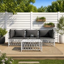 Garden Lounge Set 4 Piece Outdoor Furniture White Steel Frame Cushions