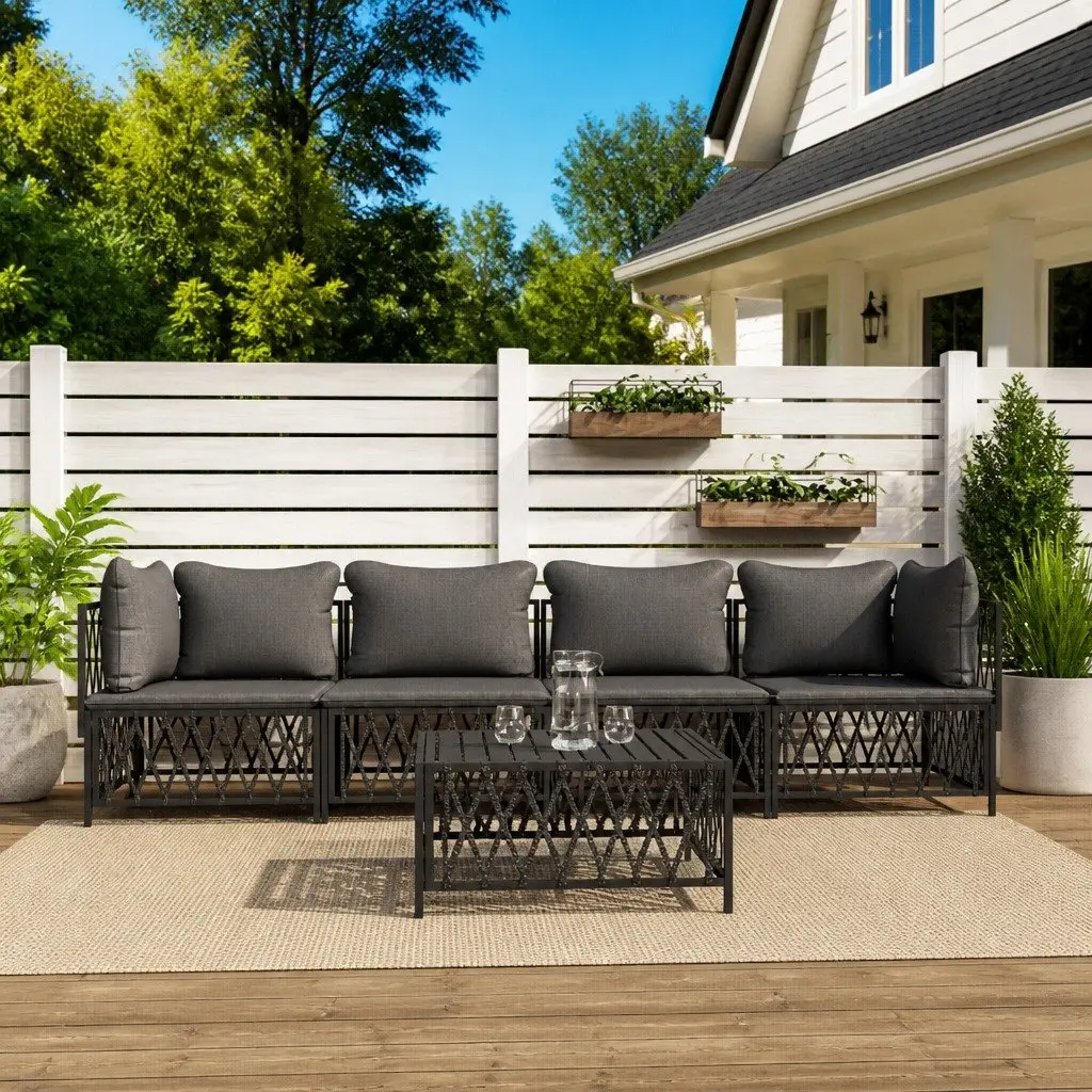 5 Piece Garden Lounge Set Anthracite Modular Sofa with Woven Fabric Seating and Thickly Padded Cushions