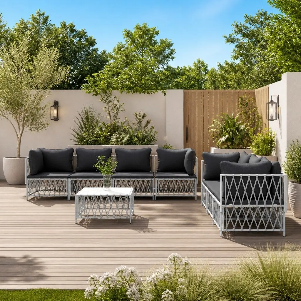 Garden Lounge Set 8 Piece Outdoor Furniture White Steel Frame Modular Sofa