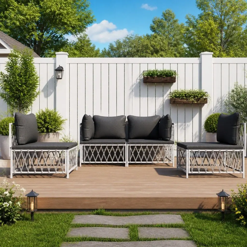 Garden Lounge Set 4 Piece Outdoor Furniture White Steel Frame Cushions Patio