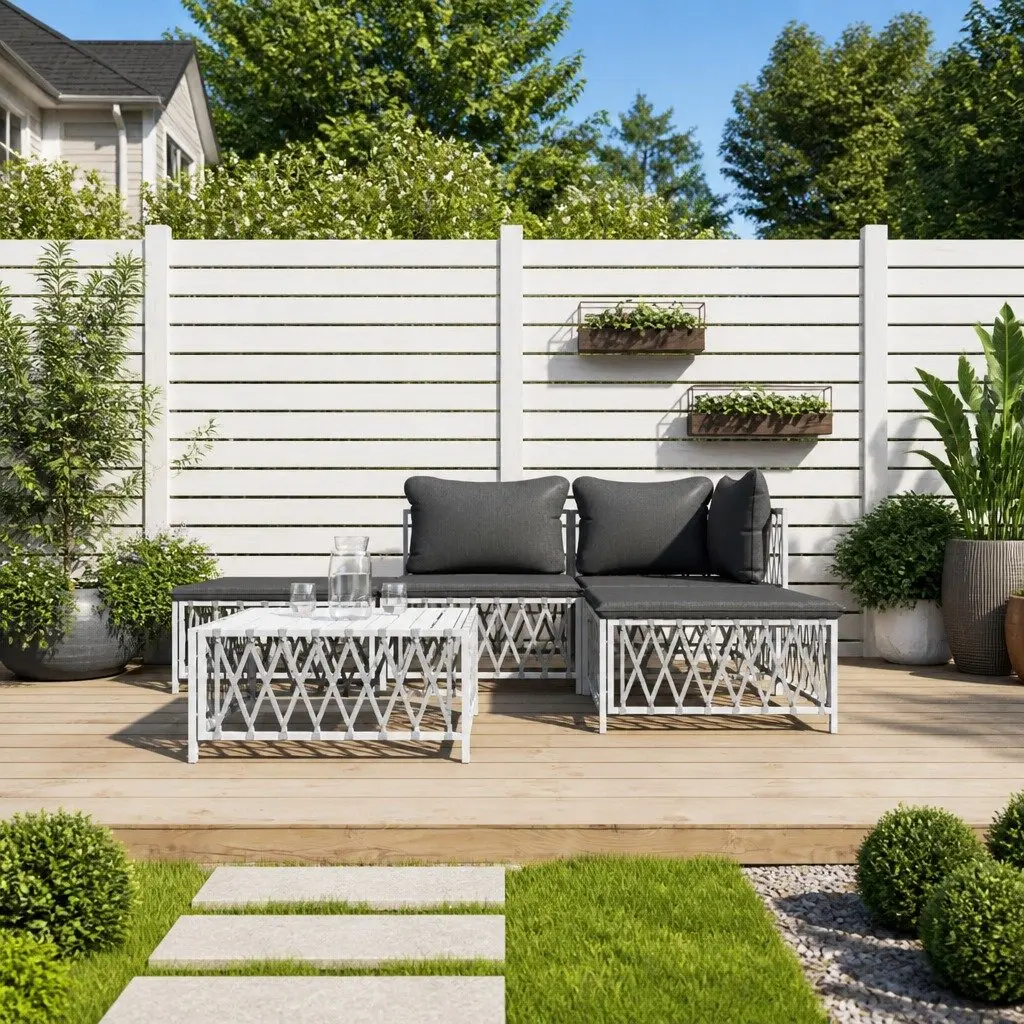 5 Piece Garden Lounge Set White Steel Frame Outdoor Furniture with Cushions
